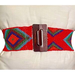 Boho Navajo Style Hand Beaded Elasticated Red, Turquoise, Blue, Gold 70s Belt